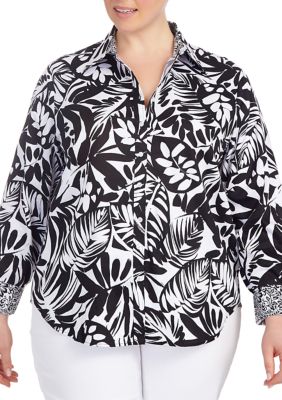 Plus Wrinkle Resistant Tropical Print Button Down Shirt