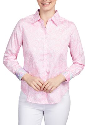 Petite Wrinkle Resistant Tropical Paradise Print Button Down Shirt