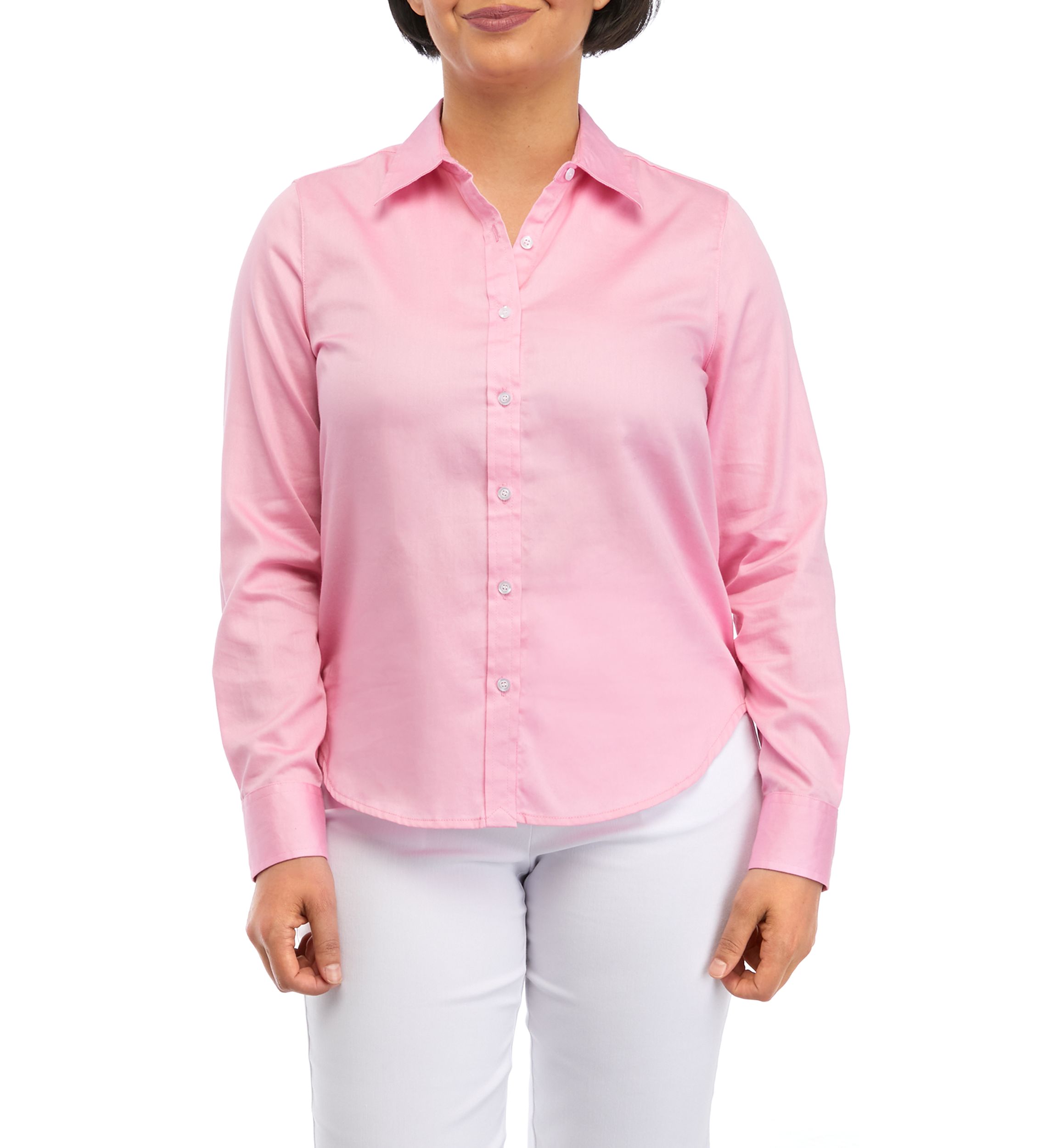 	 Petite Wrinkle Resistant Solid Print Button Down Shirt