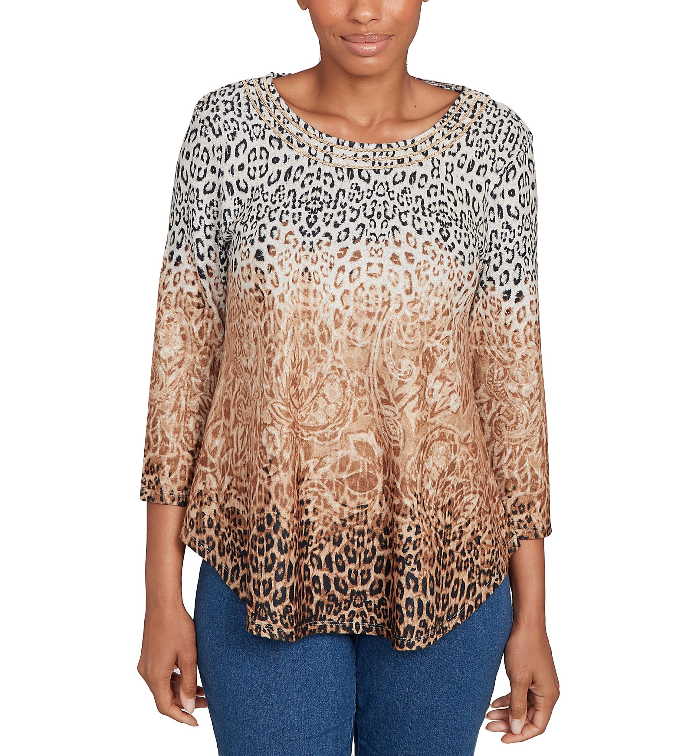 Womens Embellished Animal Print Cozy Top