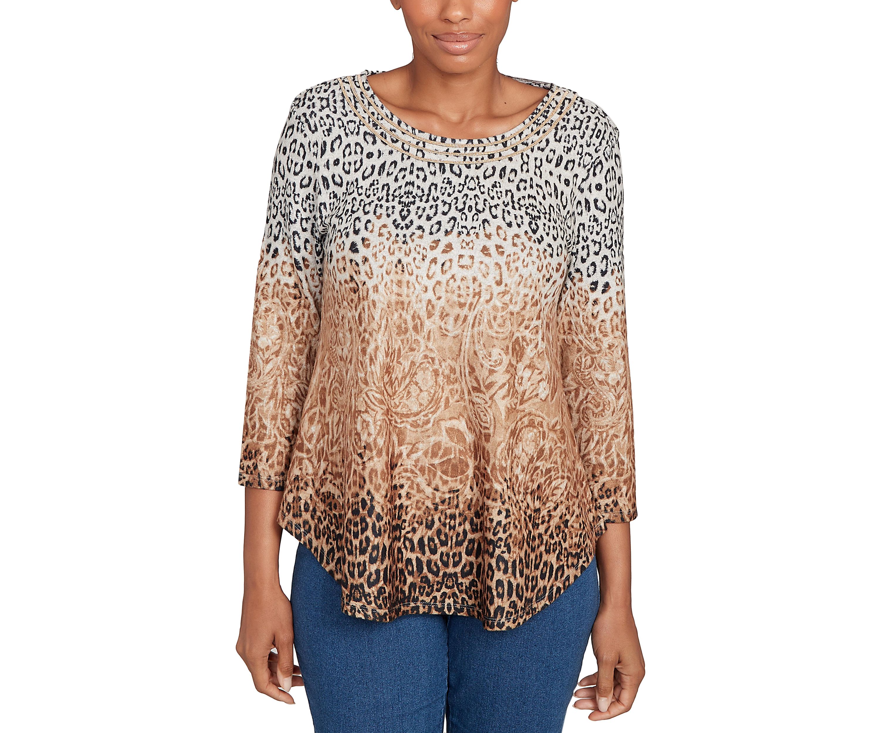 Womens Embellished Animal Print Cozy Top