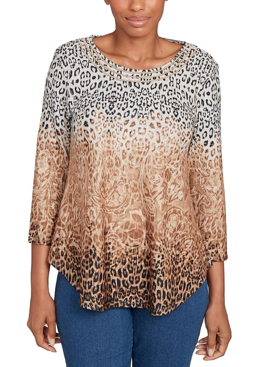 Womens Embellished Animal Print Cozy Top