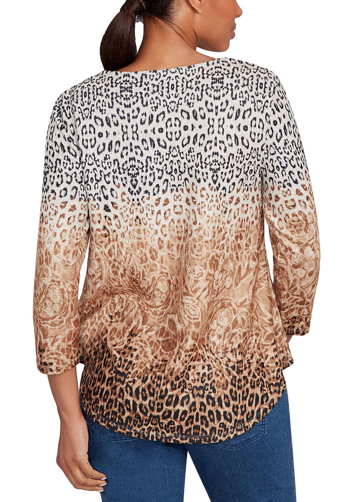 Womens Embellished Animal Print Cozy Top