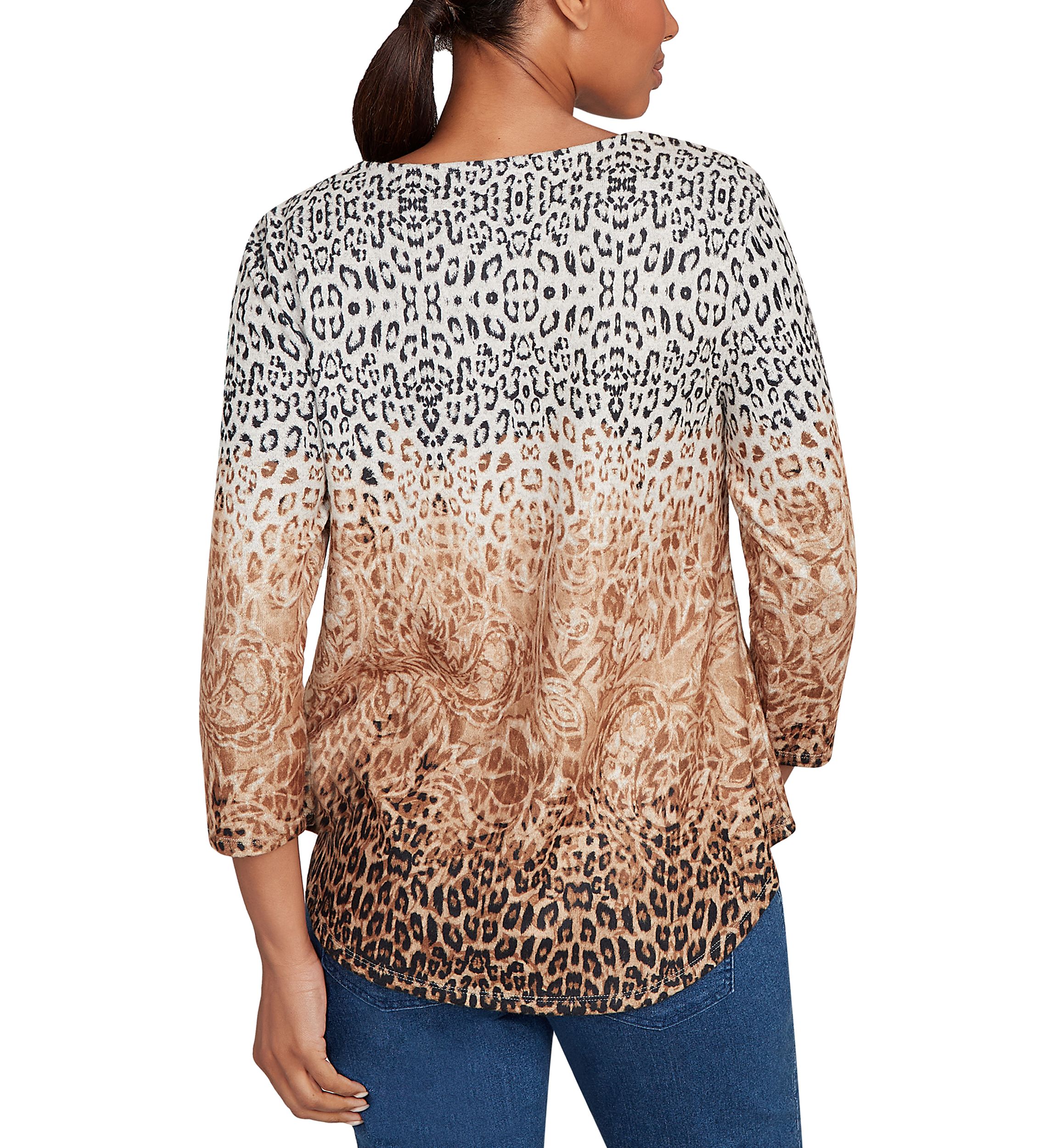 Womens Embellished Animal Print Cozy Top