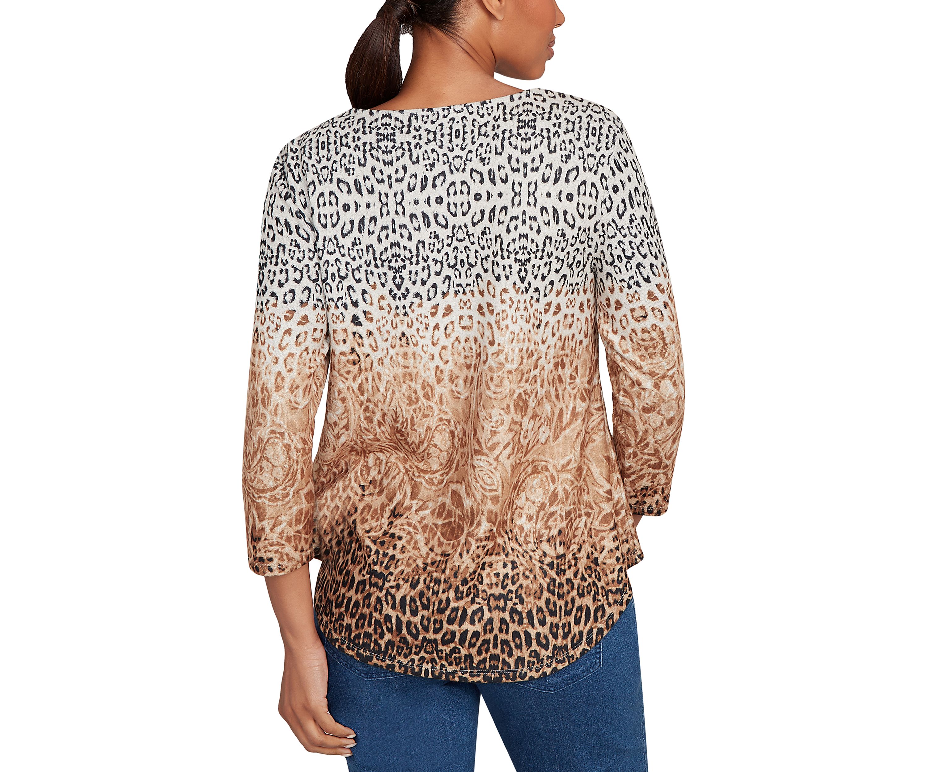 Womens Embellished Animal Print Cozy Top