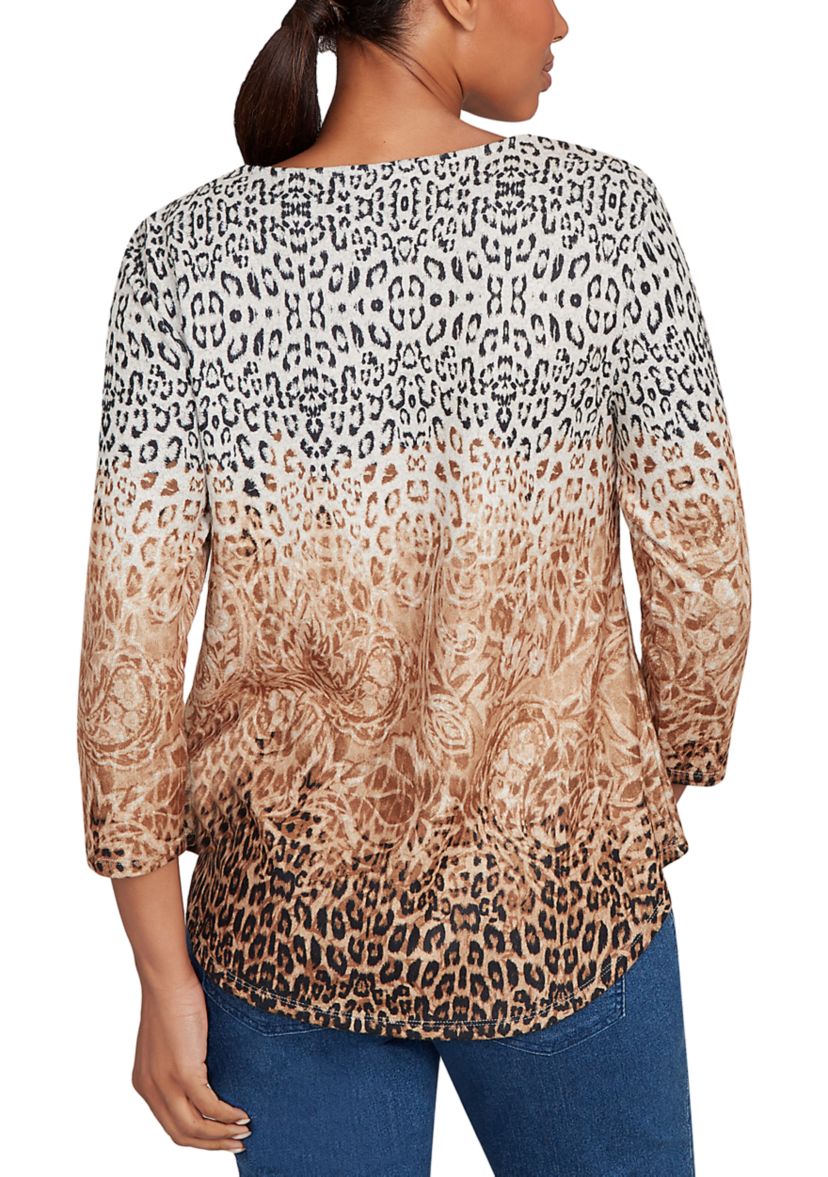 Womens Embellished Animal Print Cozy Top