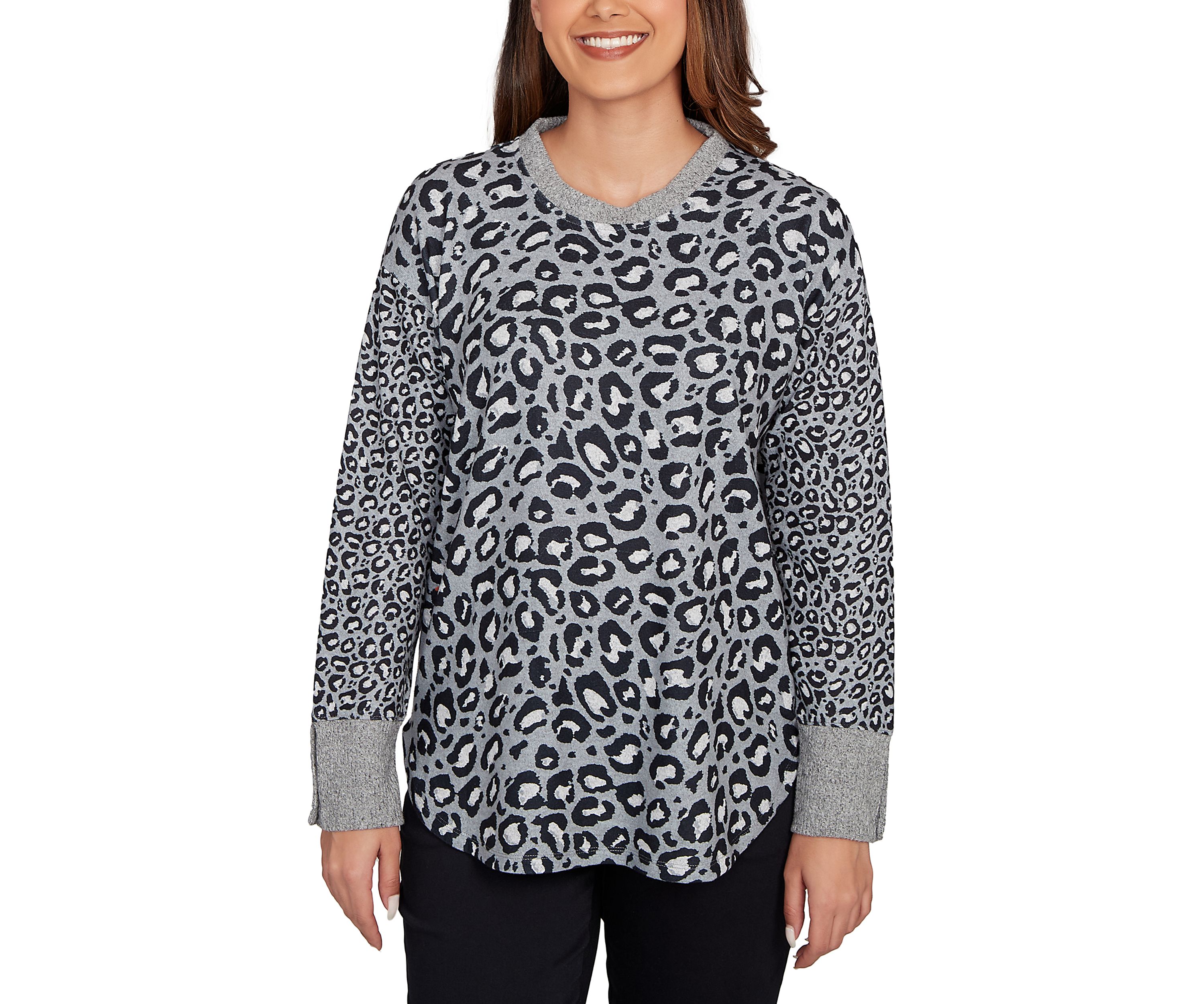 Womens Sweater Trimmed Cozy Animal Print Top