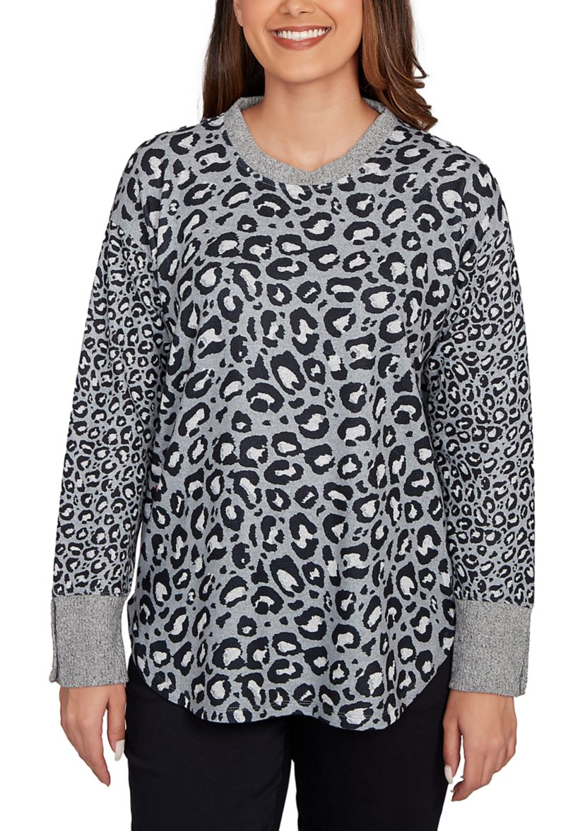 Womens Sweater Trimmed Cozy Animal Print Top