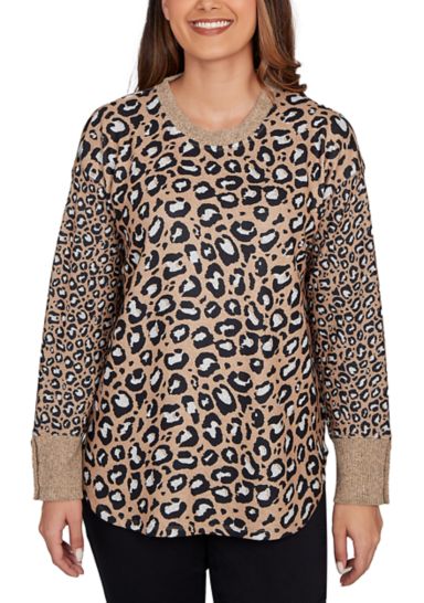 Women's Sweater Trimmed Cozy Animal Print Top