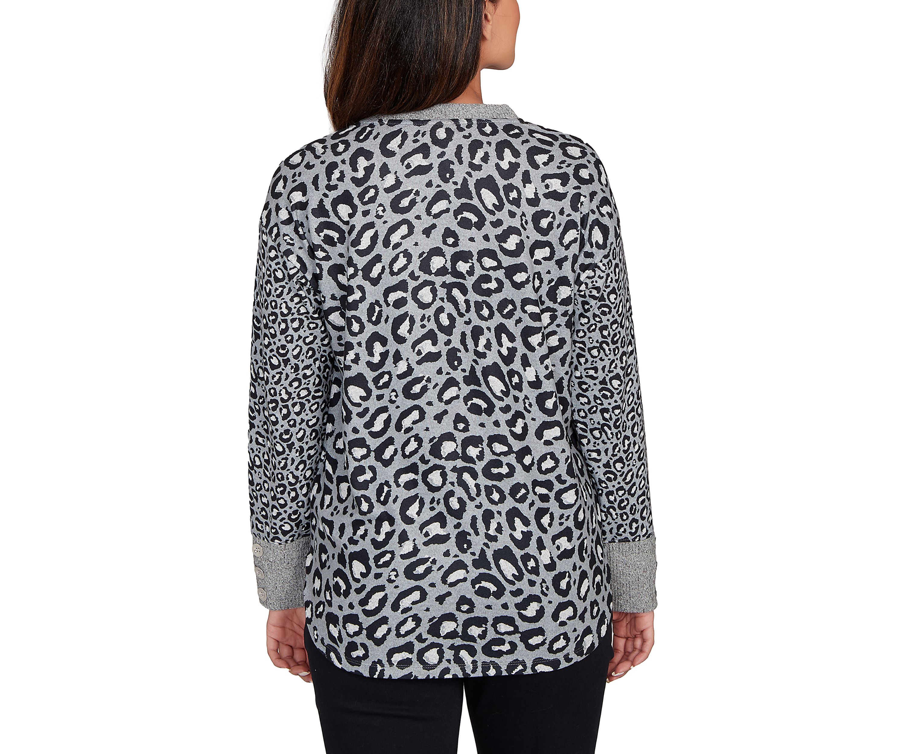 Womens Sweater Trimmed Cozy Animal Print Top