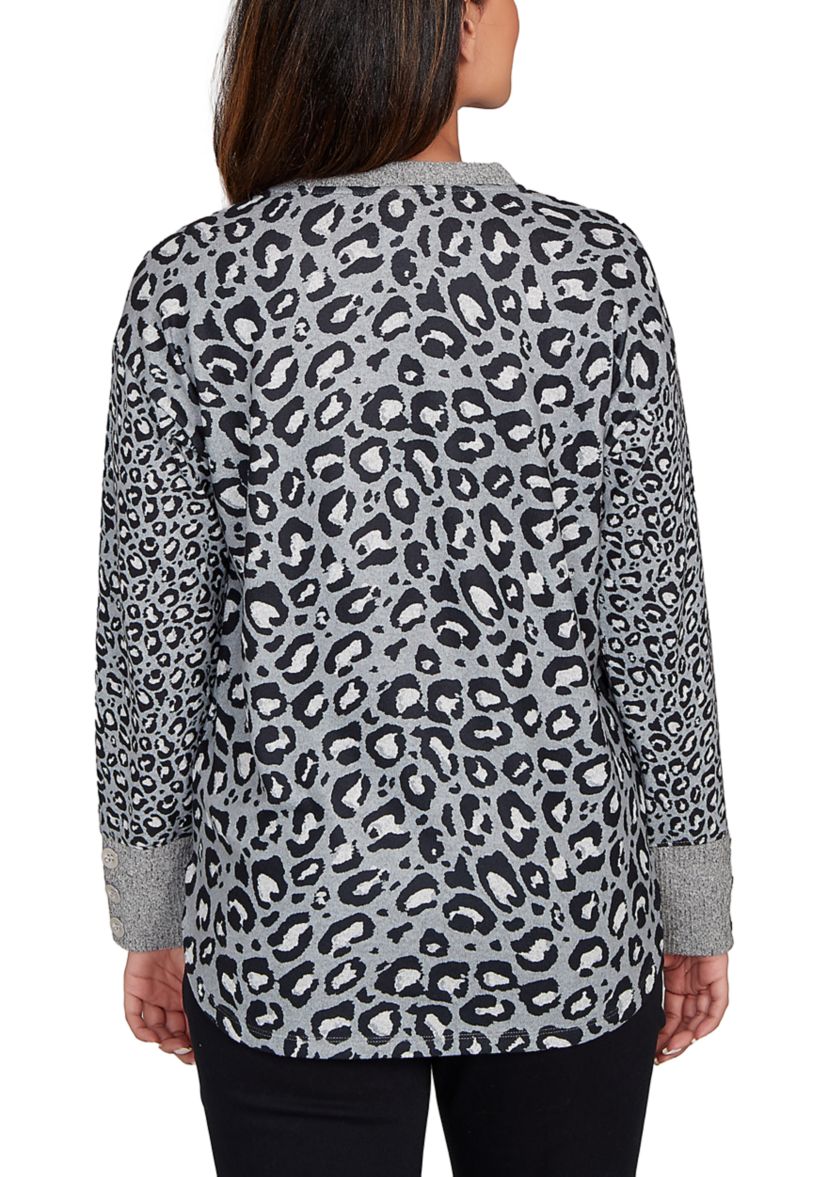 Womens Sweater Trimmed Cozy Animal Print Top