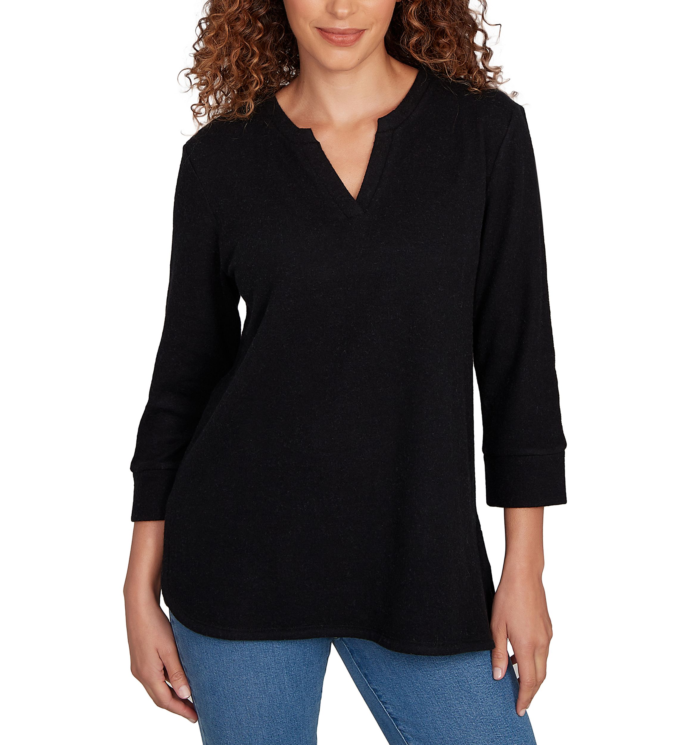 Womens Split Neck Cozy Hatchi Knit Top