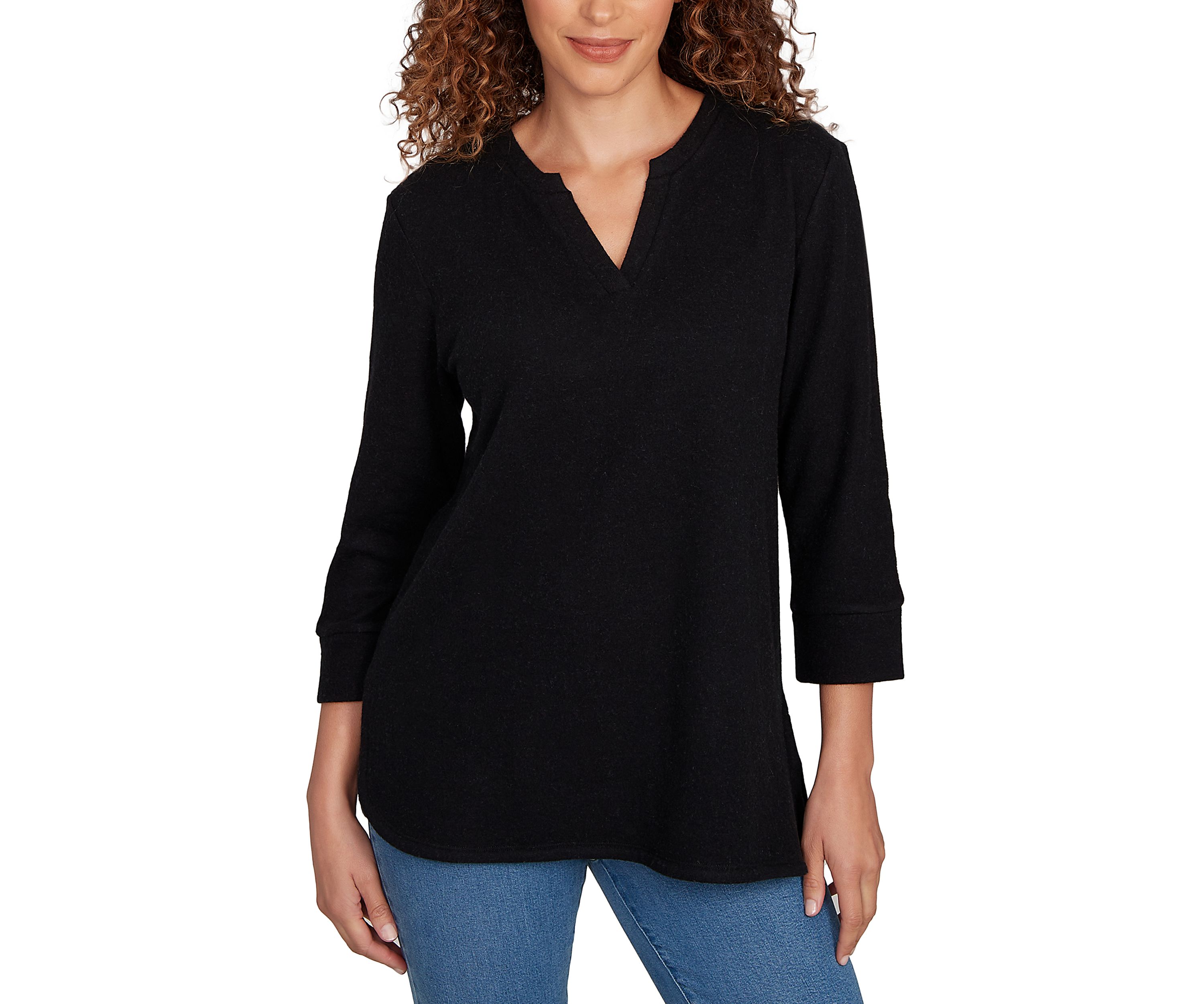 Womens Split Neck Cozy Hatchi Knit Top