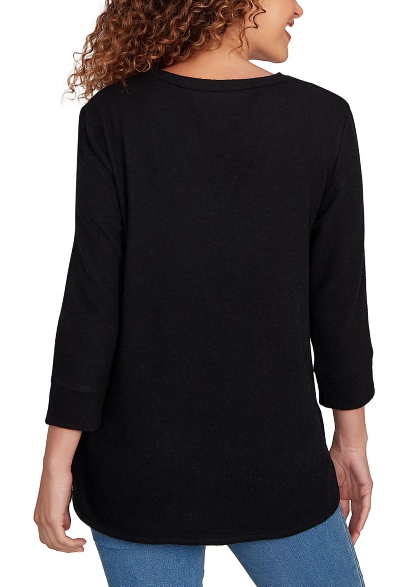 Womens Split Neck Cozy Hatchi Knit Top
