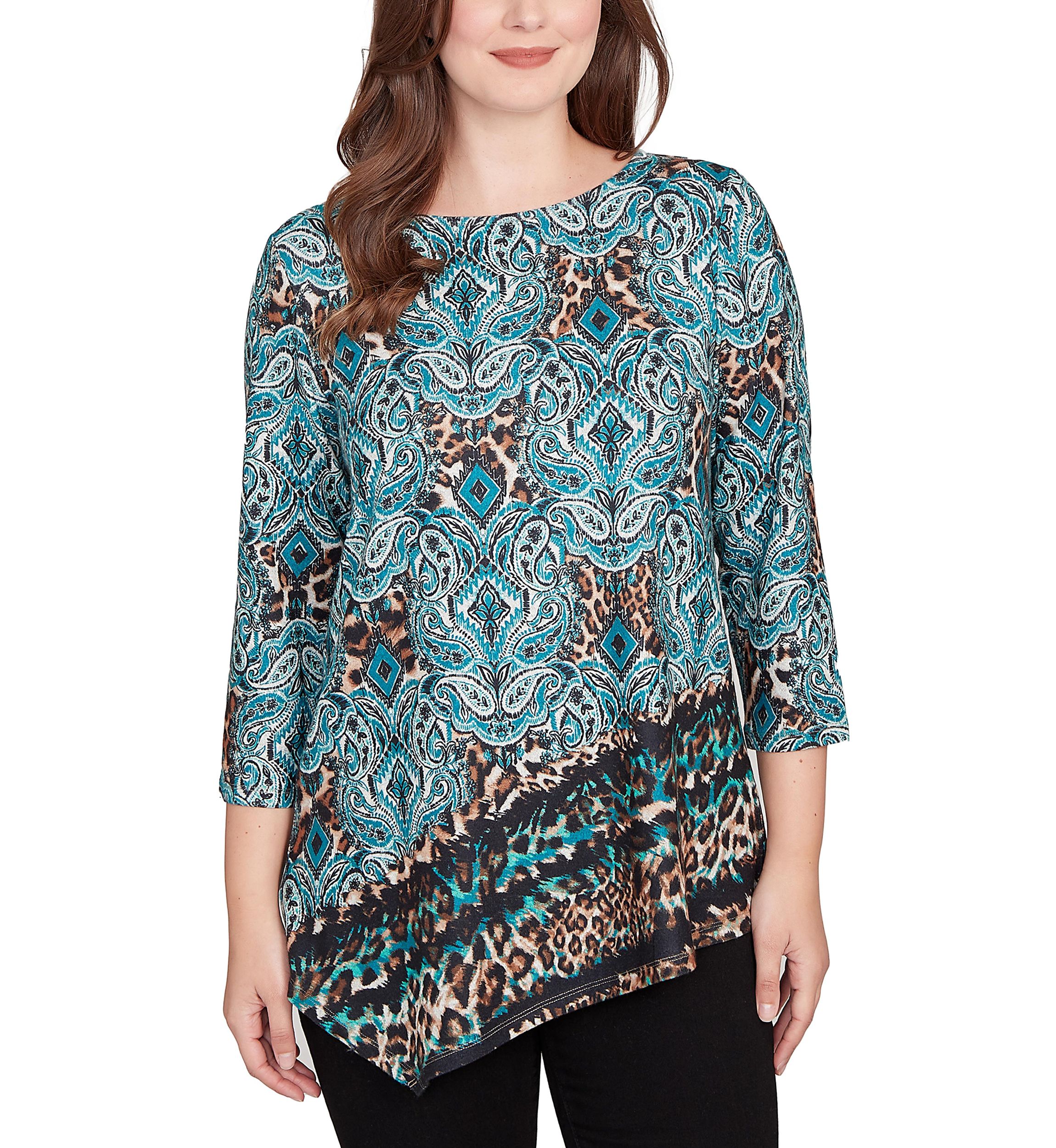 Womens Ballet Neck Medallion Animal Print Cozy Top