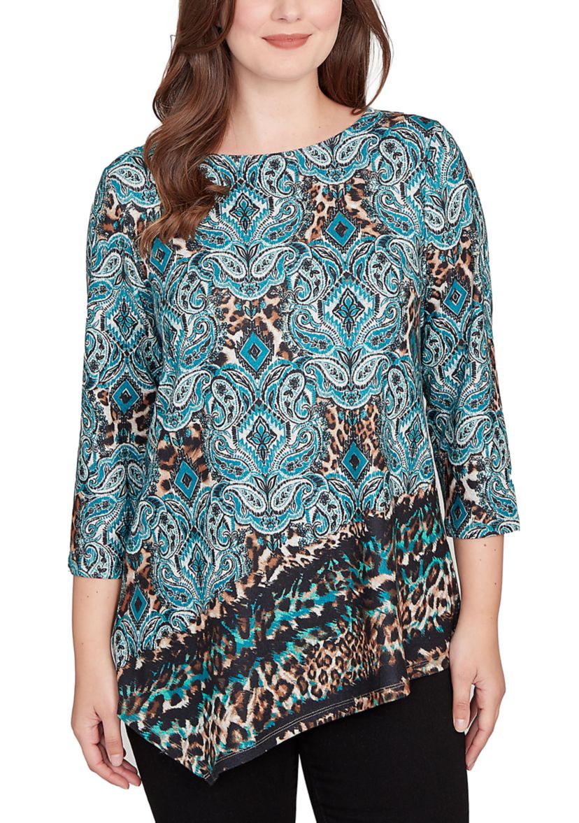Womens Ballet Neck Medallion Animal Print Cozy Top