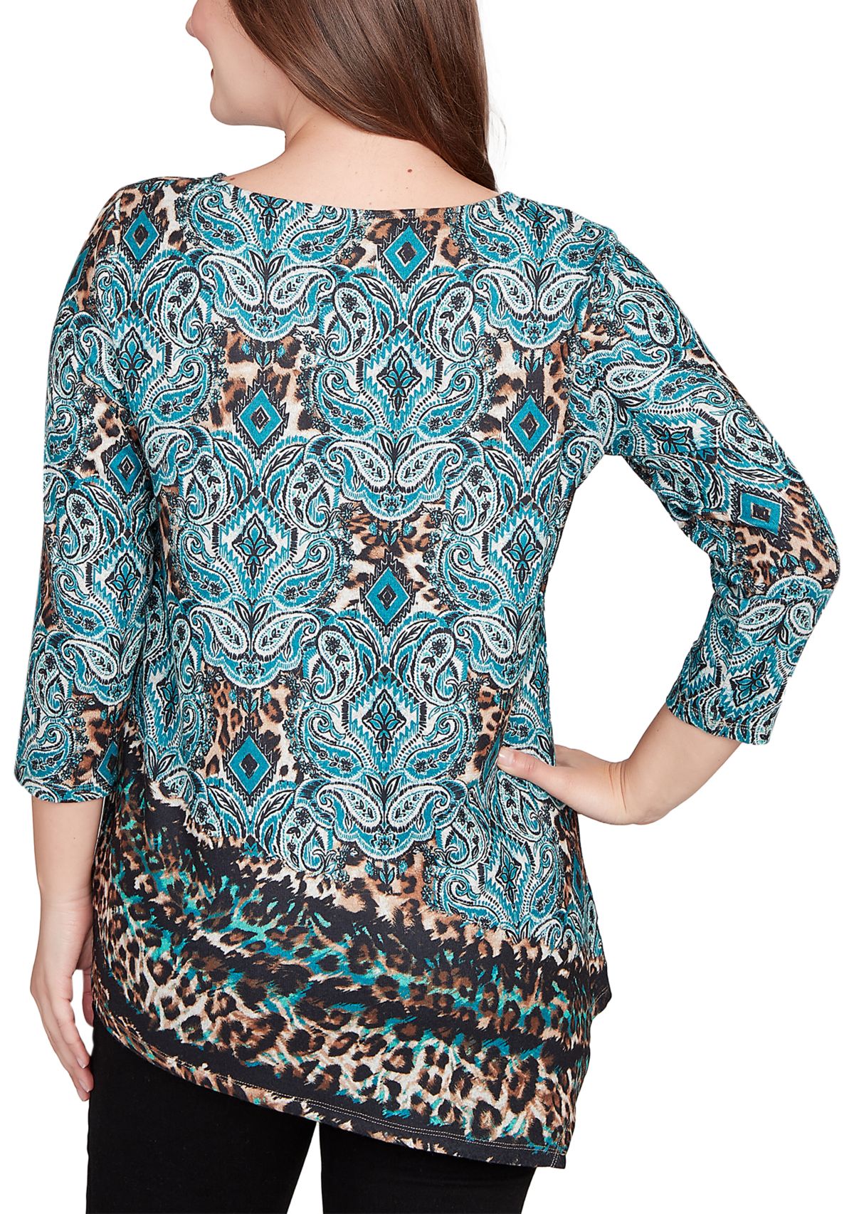 Womens Ballet Neck Medallion Animal Print Cozy Top