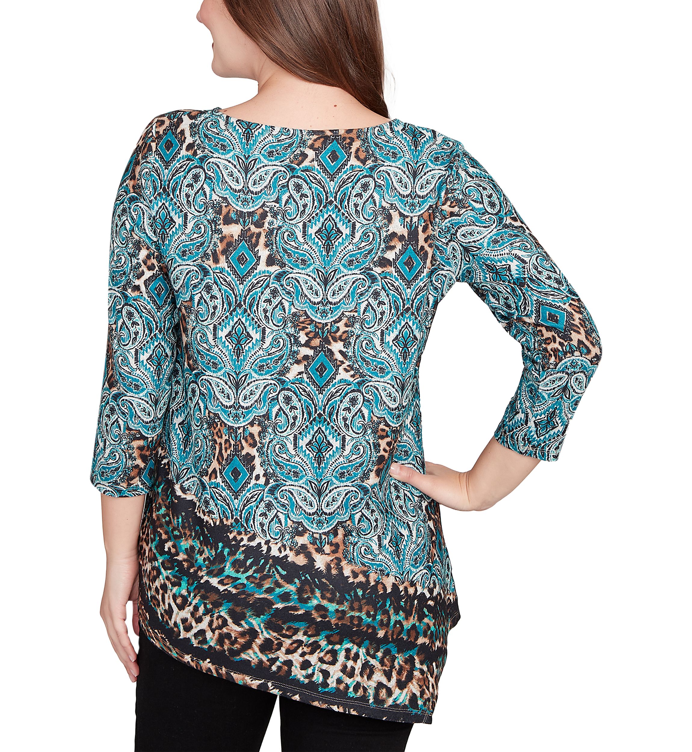 Womens Ballet Neck Medallion Animal Print Cozy Top