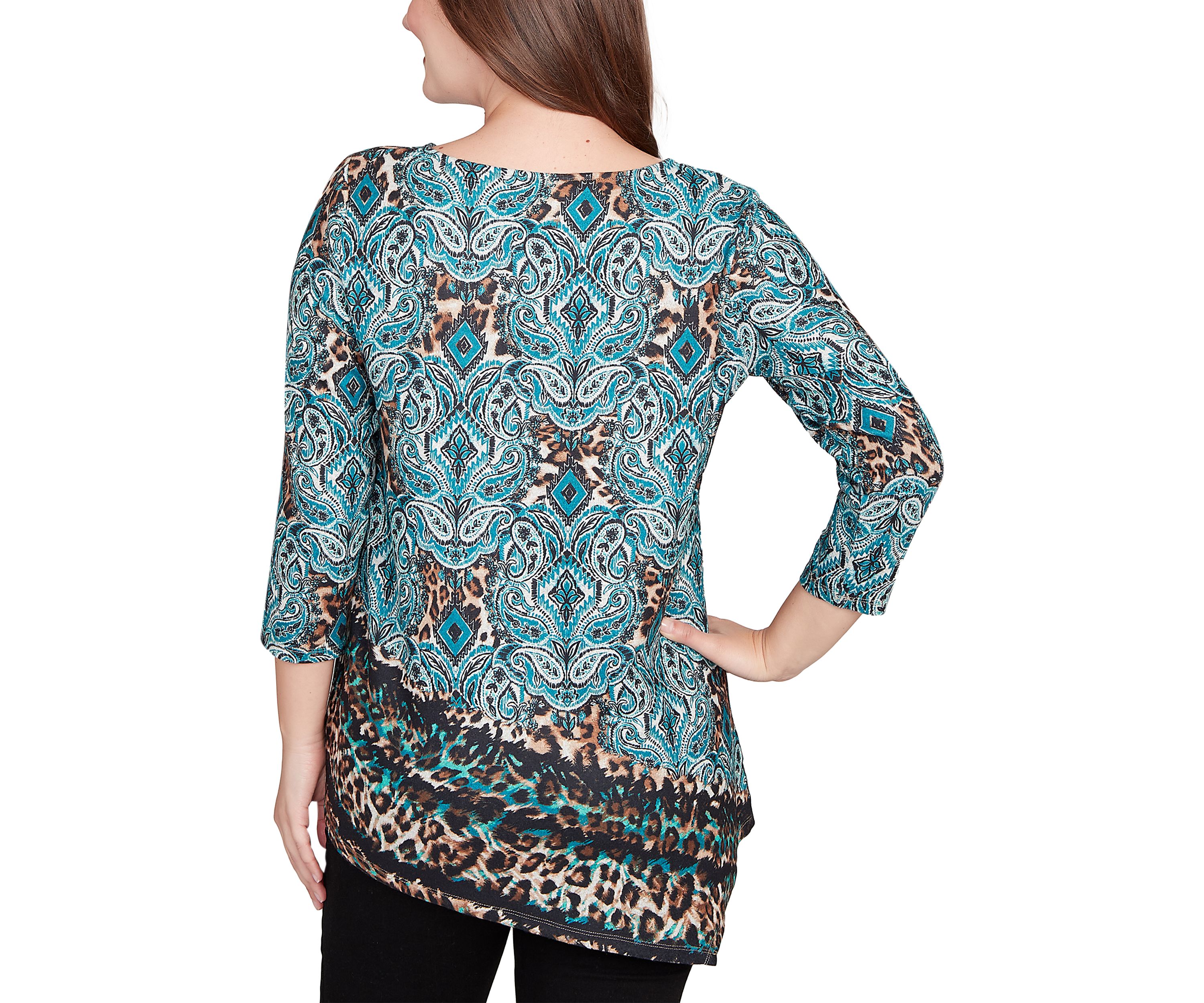 Womens Ballet Neck Medallion Animal Print Cozy Top
