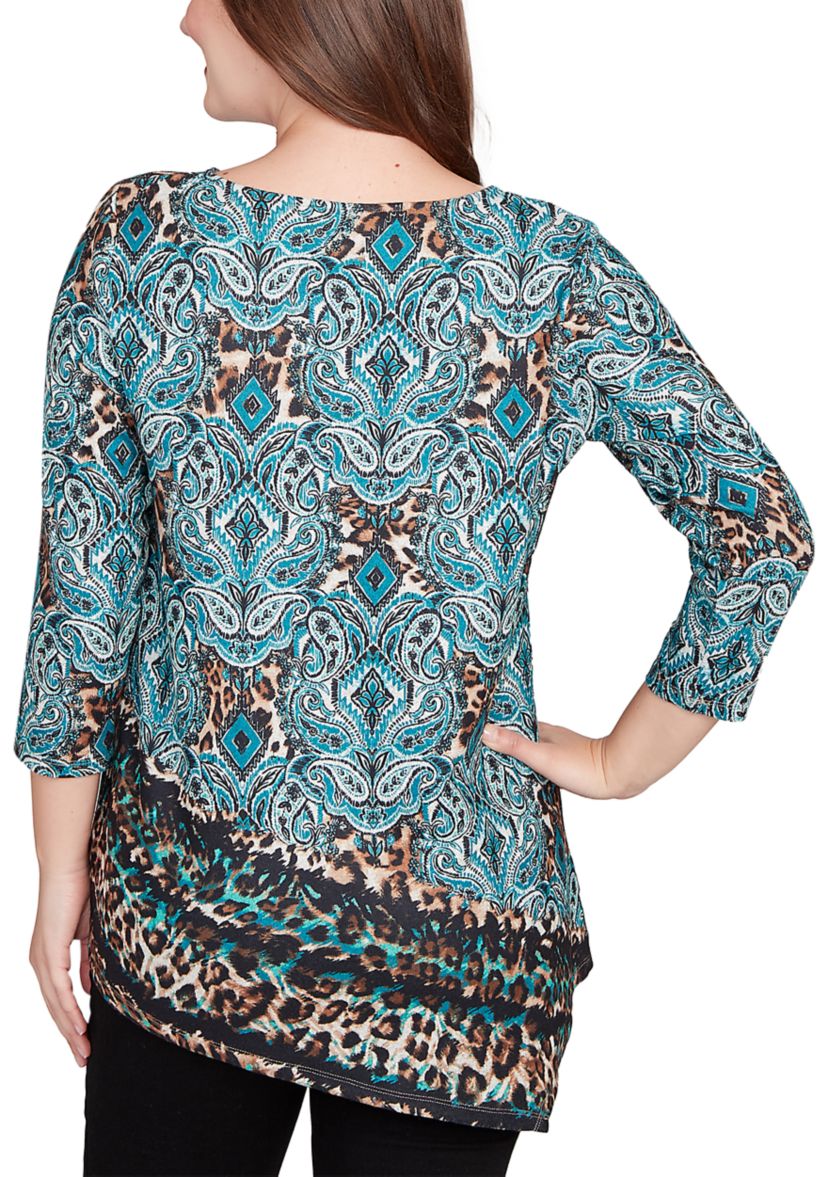Womens Ballet Neck Medallion Animal Print Cozy Top