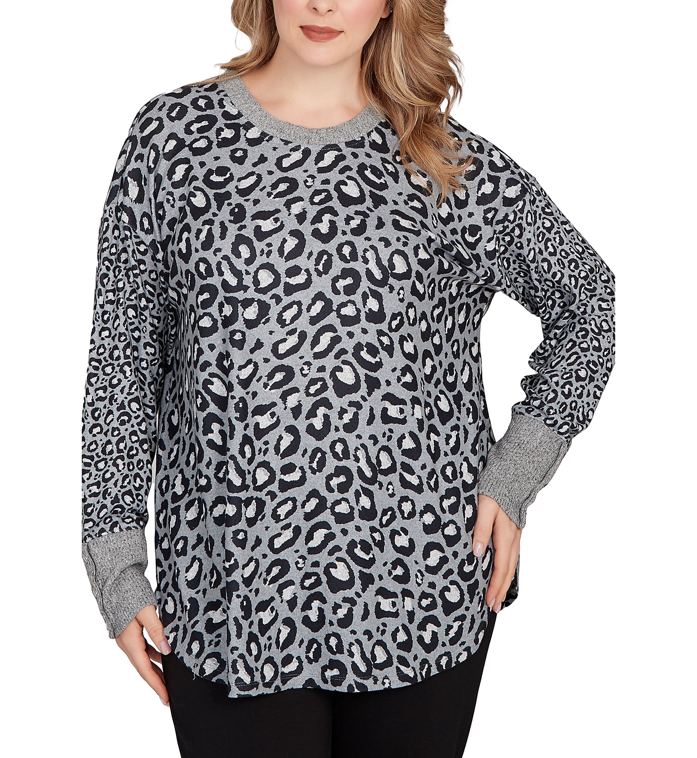 Plus Size Sweater Trimmed Cozy Animal Print Top