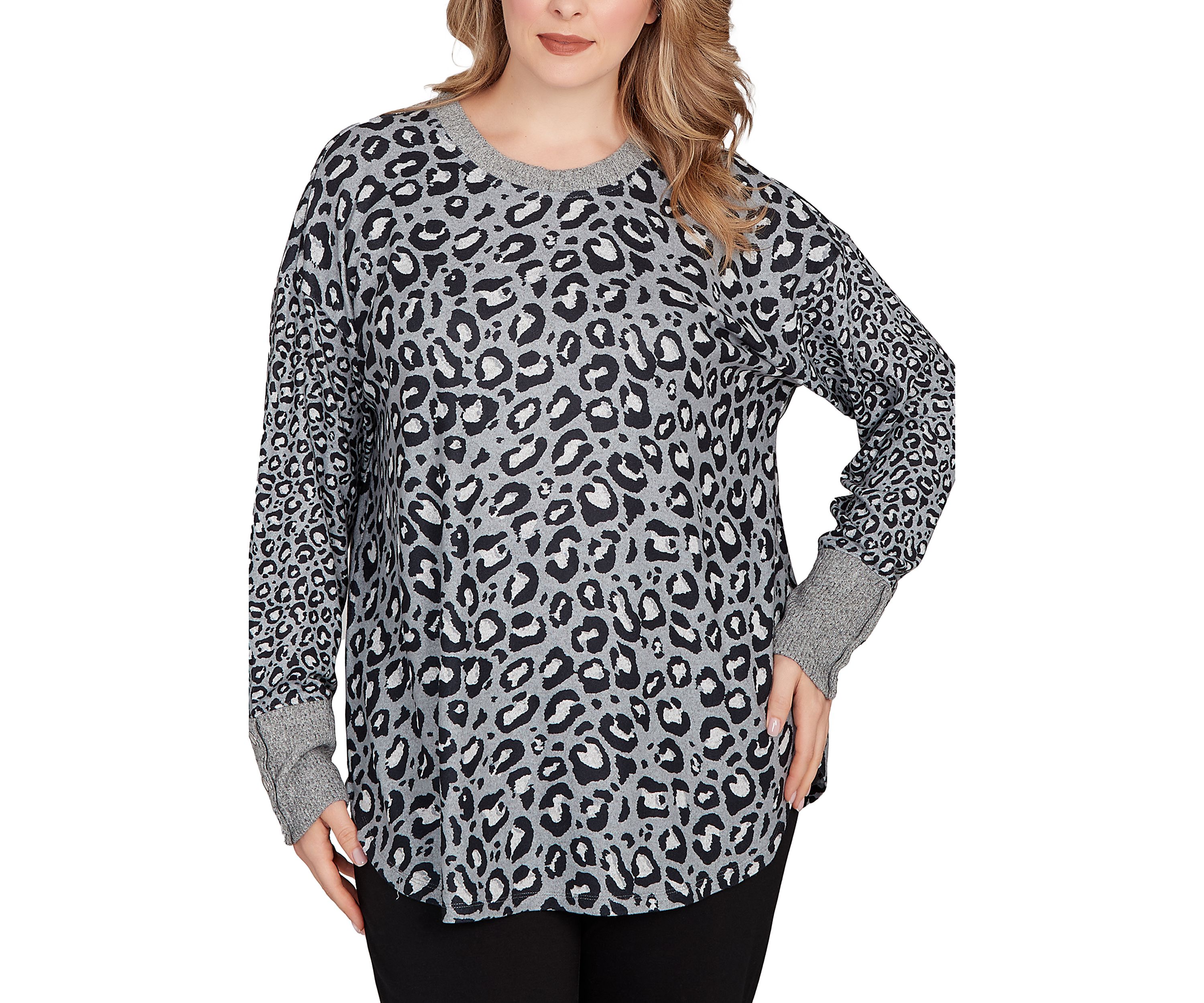 Plus Size Sweater Trimmed Cozy Animal Print Top