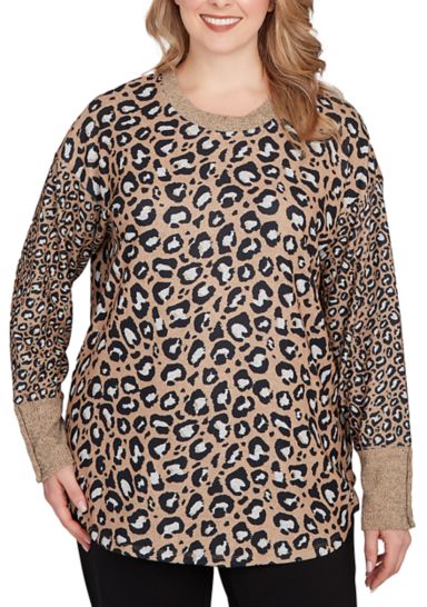 Plus Size Sweater Trimmed Cozy Animal Print Top