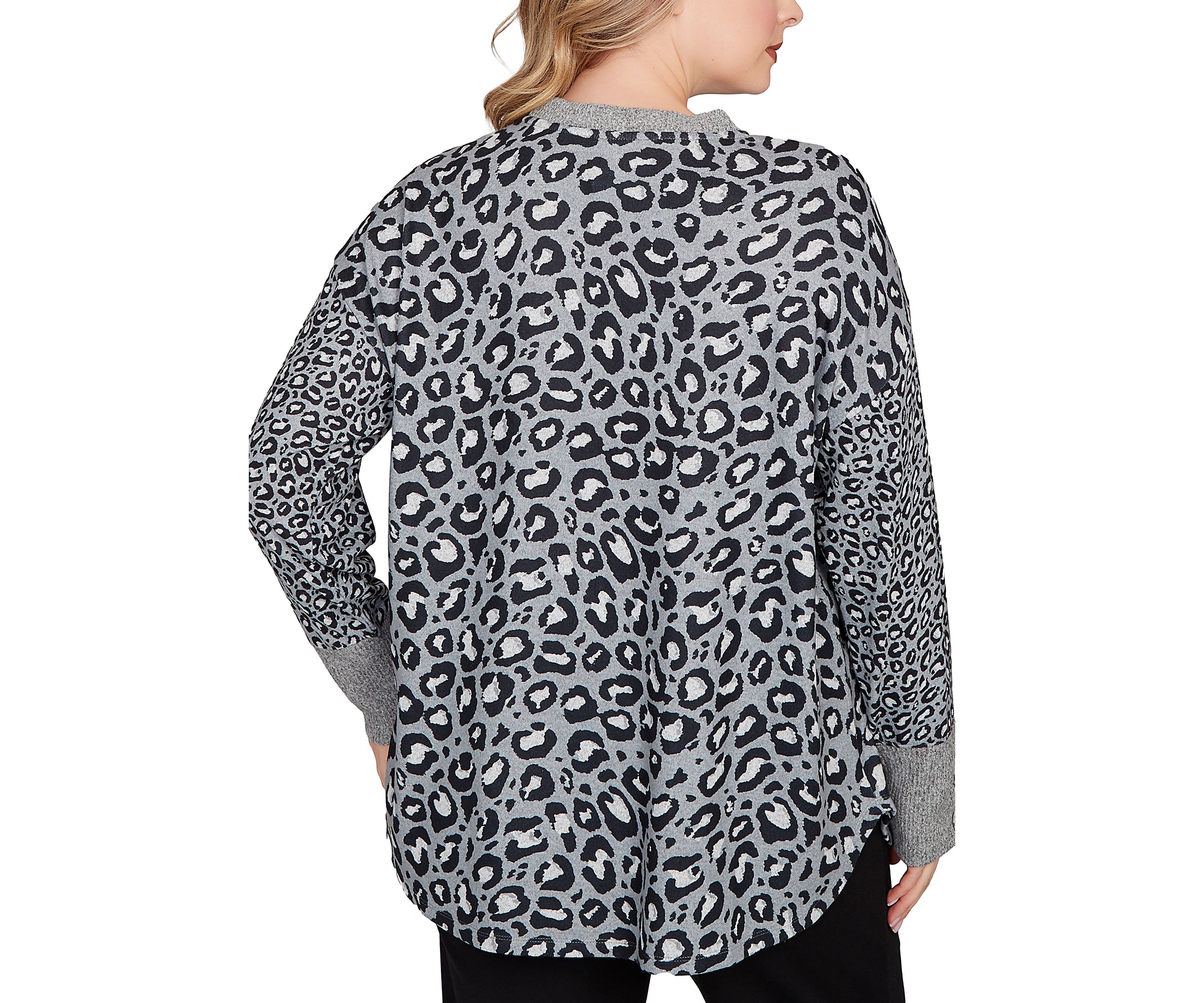 Plus Size Sweater Trimmed Cozy Animal Print Top