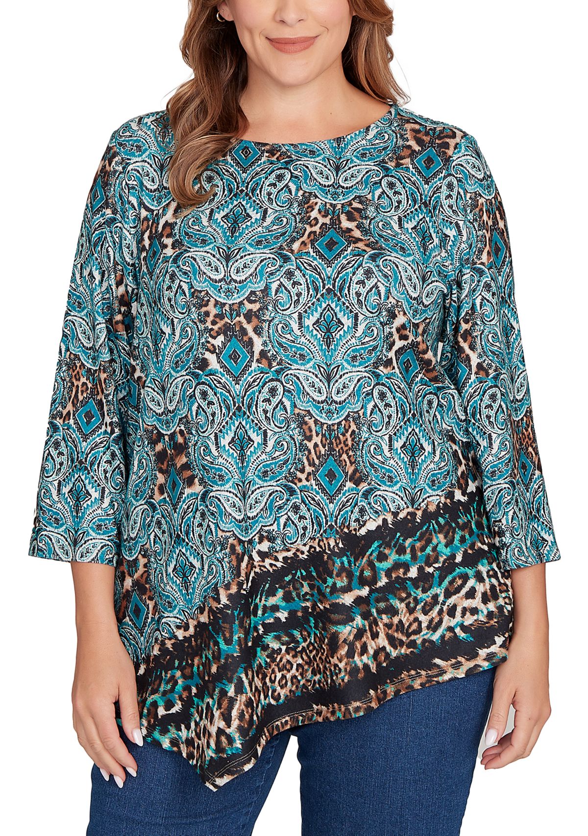 Plus Size Ballet Neck Medallion Animal Print Cozy Top