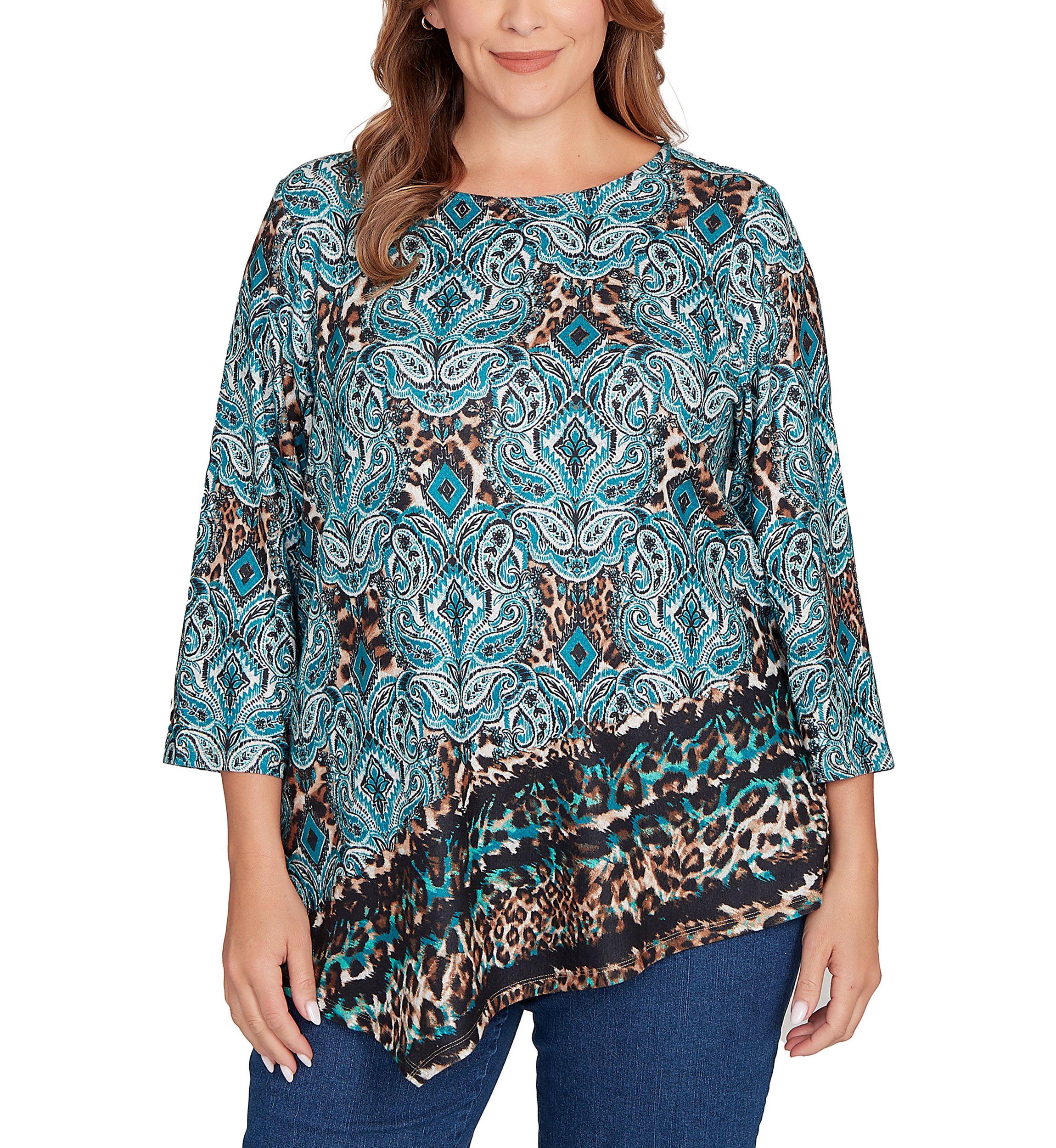 Plus Size Ballet Neck Medallion Animal Print Cozy Top