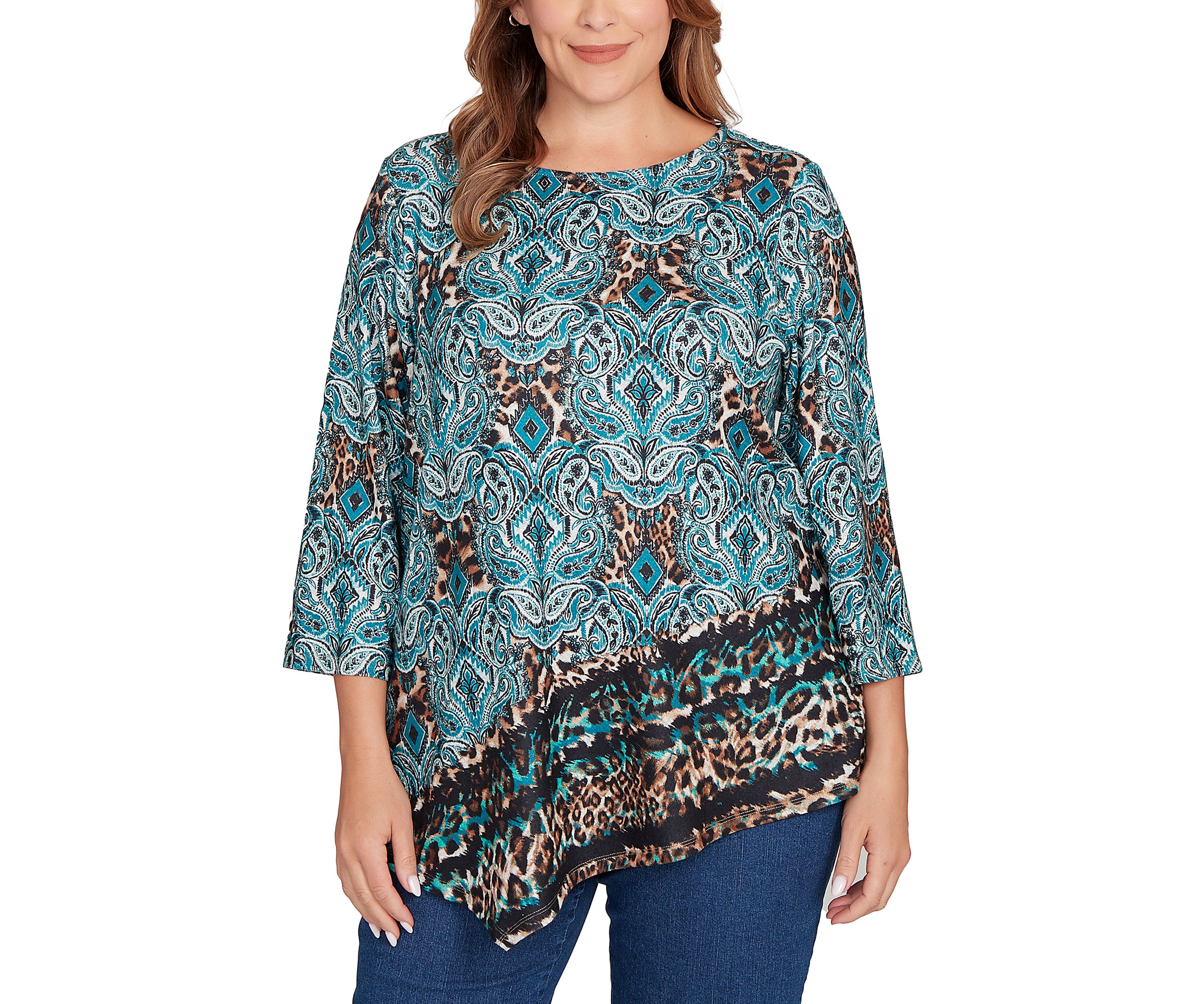Plus Size Ballet Neck Medallion Animal Print Cozy Top
