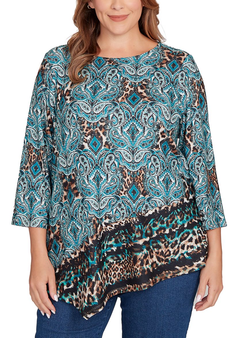 Plus Size Ballet Neck Medallion Animal Print Cozy Top