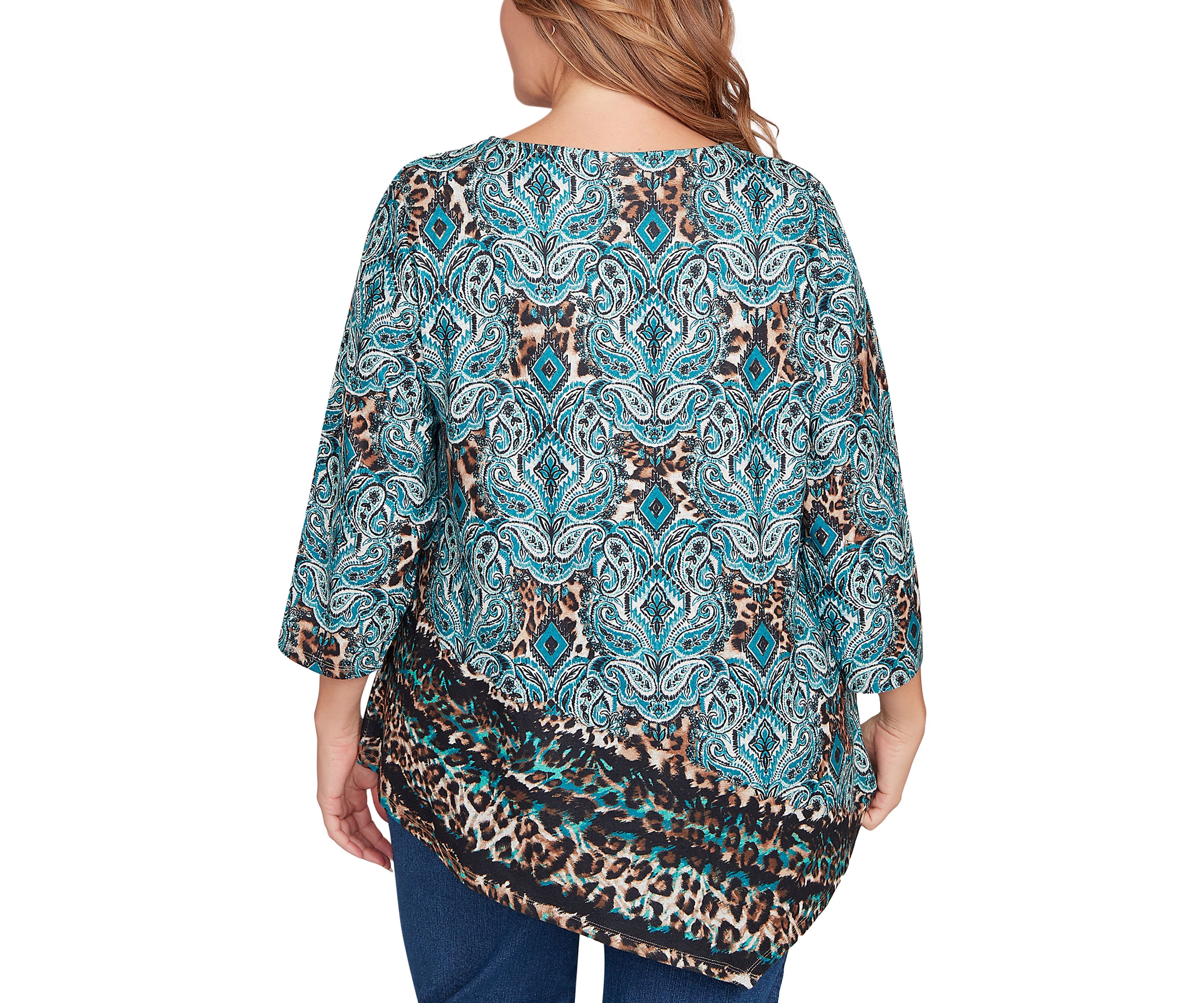 Plus Size Ballet Neck Medallion Animal Print Cozy Top