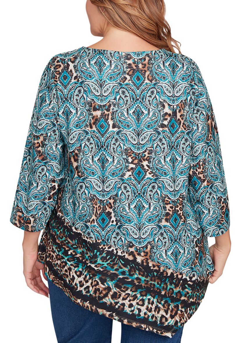 Plus Size Ballet Neck Medallion Animal Print Cozy Top
