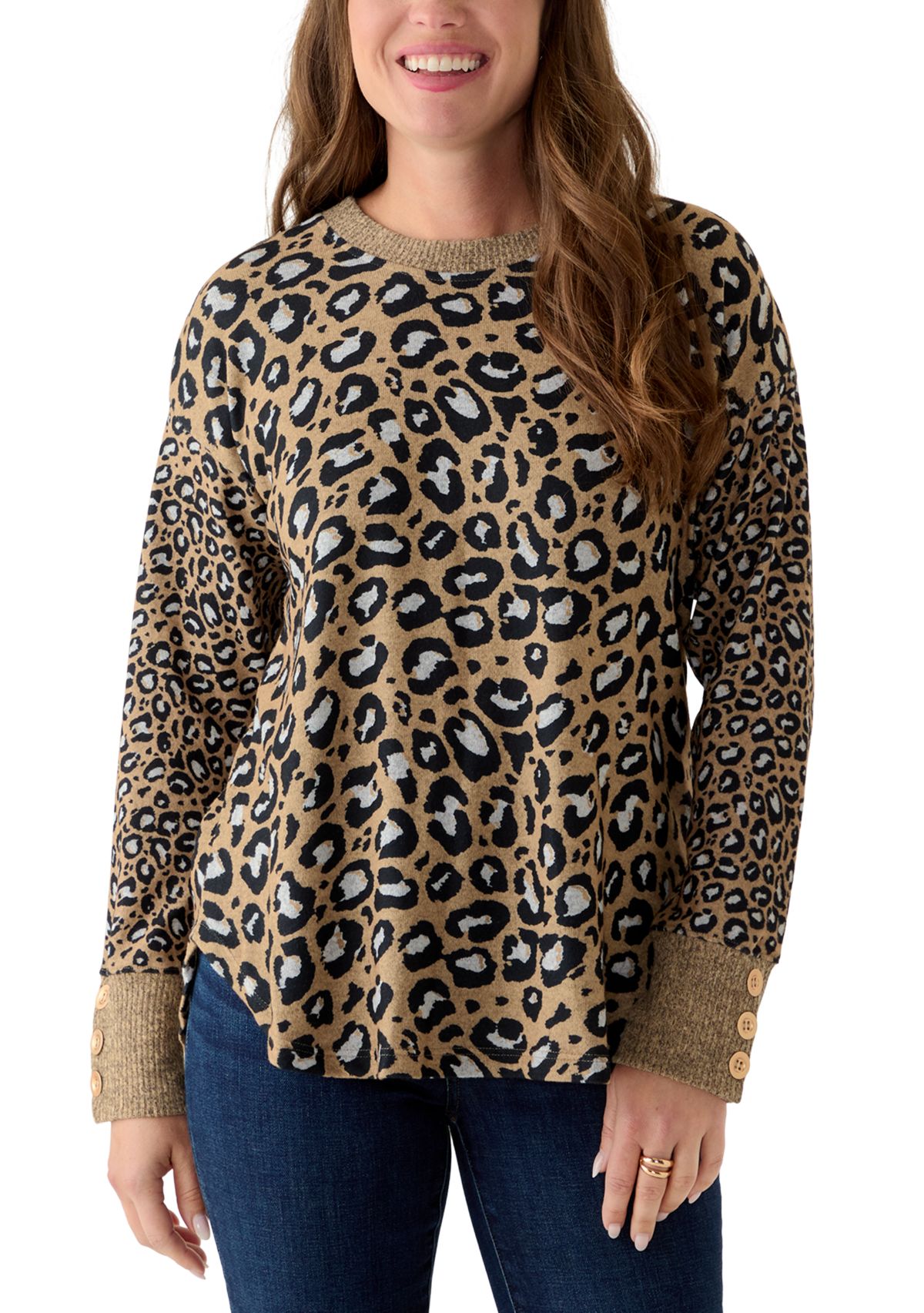 Petite Trimmed Cozy Animal Print Sweater