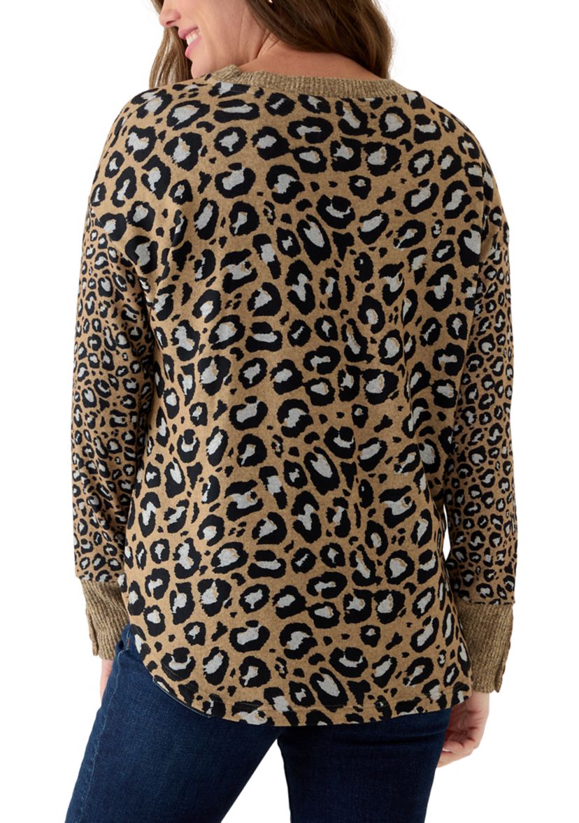 Petite Trimmed Cozy Animal Print Sweater