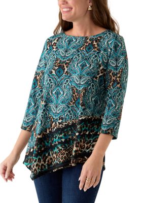 Ruby Rd Women's Petite Ballet Neck Medallion Animal Print Cozy Top