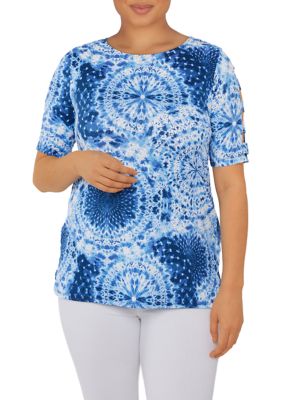 Women's Knit Tie-Dye Swirl Puff Print Top