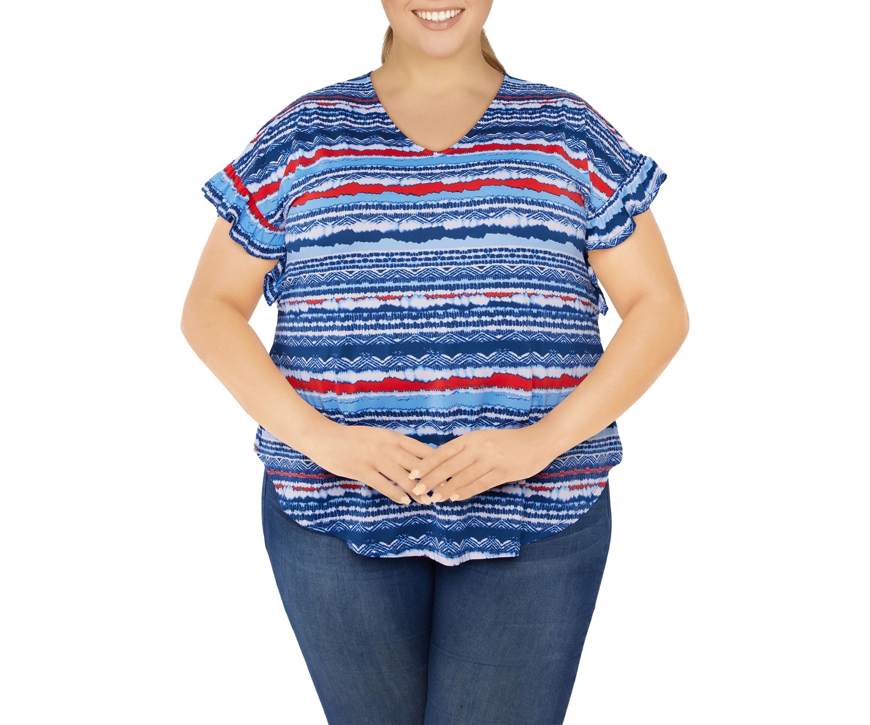 Plus Size Knit V-Neck Stripe Print Top