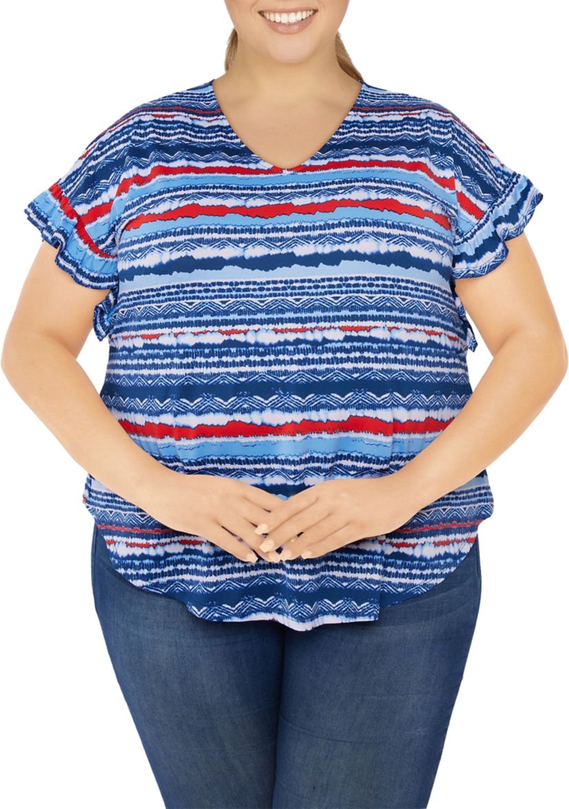 Plus Size Knit V-Neck Stripe Print Top