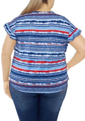 Plus Knit V-Neck Stripe Print Top