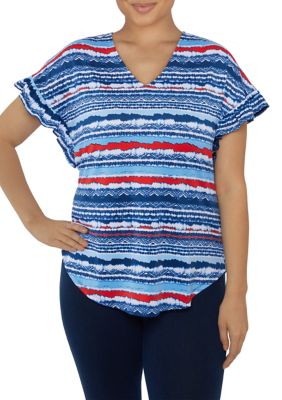 Petite Knit V-Neck Stripe Printed Top