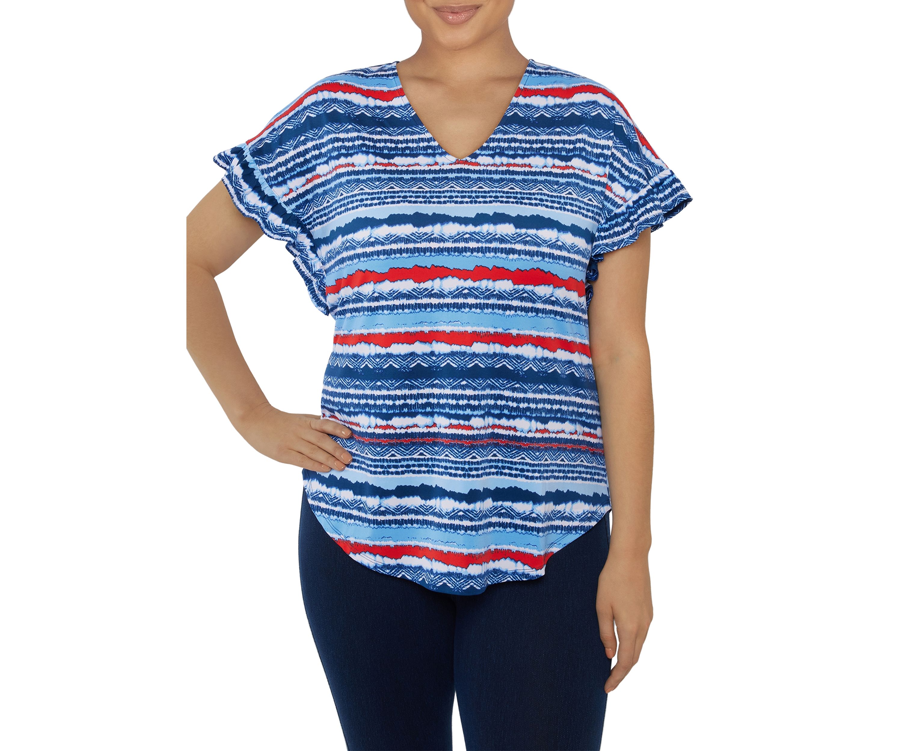 Petite Knit V-Neck Stripe Printed Top 