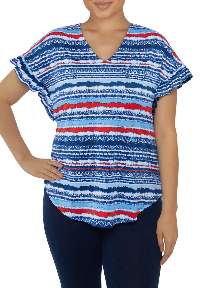 Petite Knit V-Neck Stripe Printed Top 
