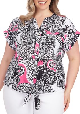 Ruby Rd. Plus Size Animal Multi Diamond Print Scoop Neck 3/4 Sleeve Tie  Front Hem Top