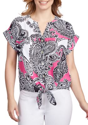 Petite Woven Paisley Print Tie Front Top