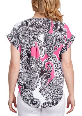 Petite Woven Paisley Print Tie Front Top