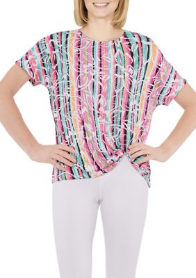 Petite Knit Tropical Stripe Print Twist Top