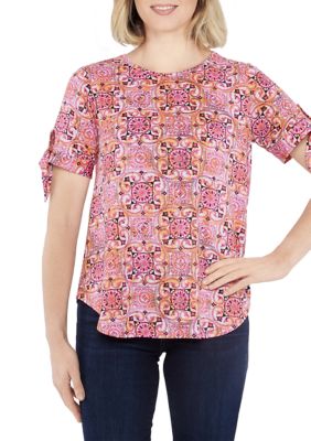 Petite Knit Tile Pattern Print Top