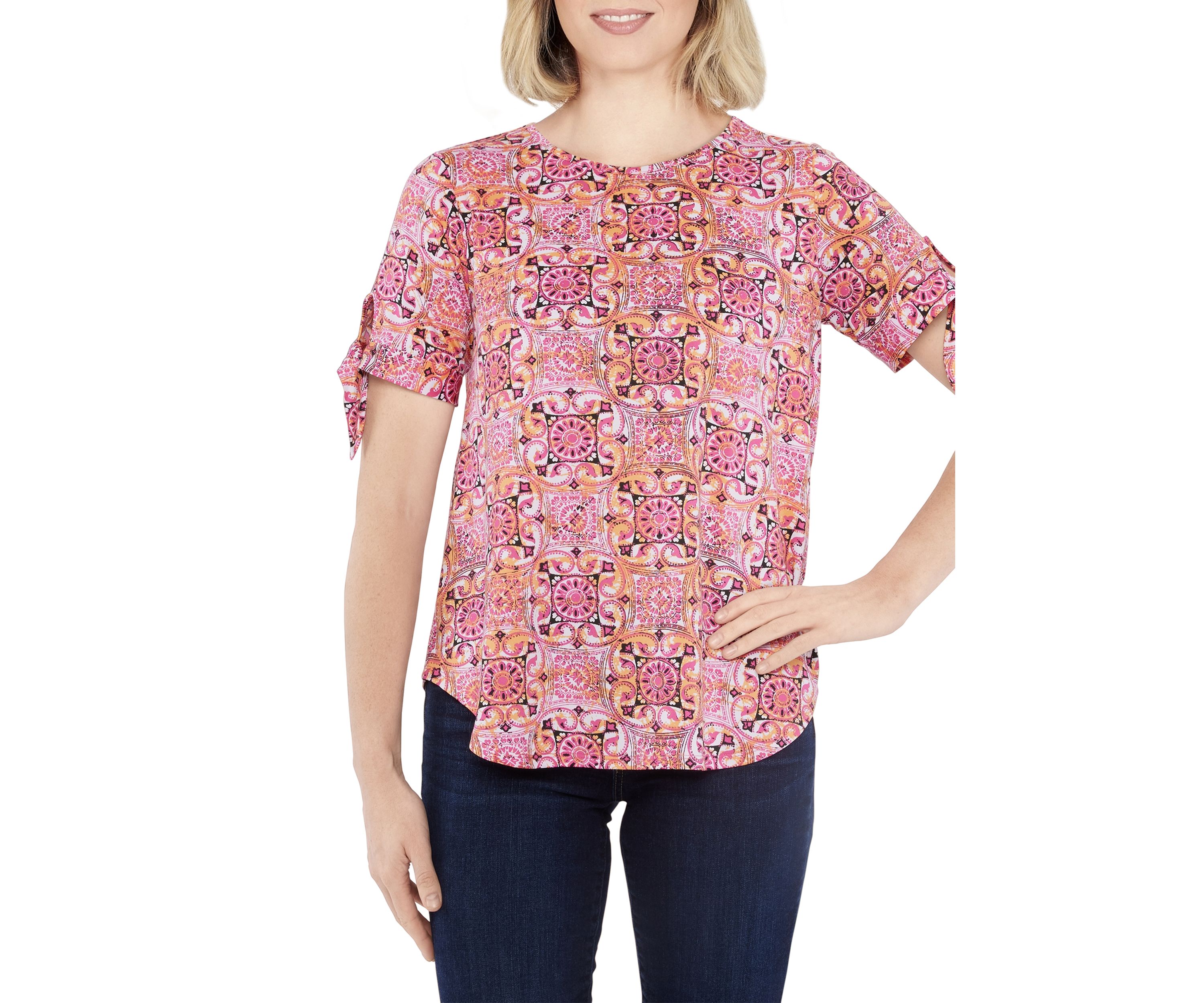 Petite Knit Tile Pattern Print Top